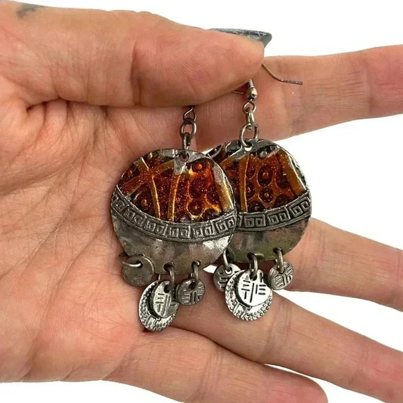 Silver Tone Metal Dangle Round Earrings Two Tone Design Unique - Picture 5 of 8